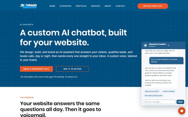 AI chatbot answering a visitor on jbowmancreative.com