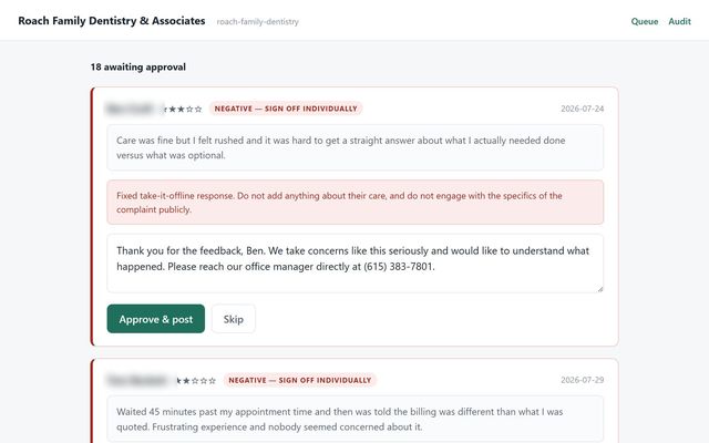 Review reply approval queue